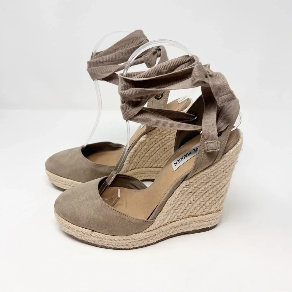[Steve Madden] Taupe Lace Up Espadrille Wedges